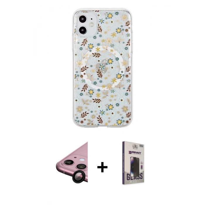 MARSİLYAN™- iPhone 11 Kılıf Pusula Form - Siyah Bilvis Hayalet Cam Ekran Koruyucu + Raze Metal Kamera Lens - SH