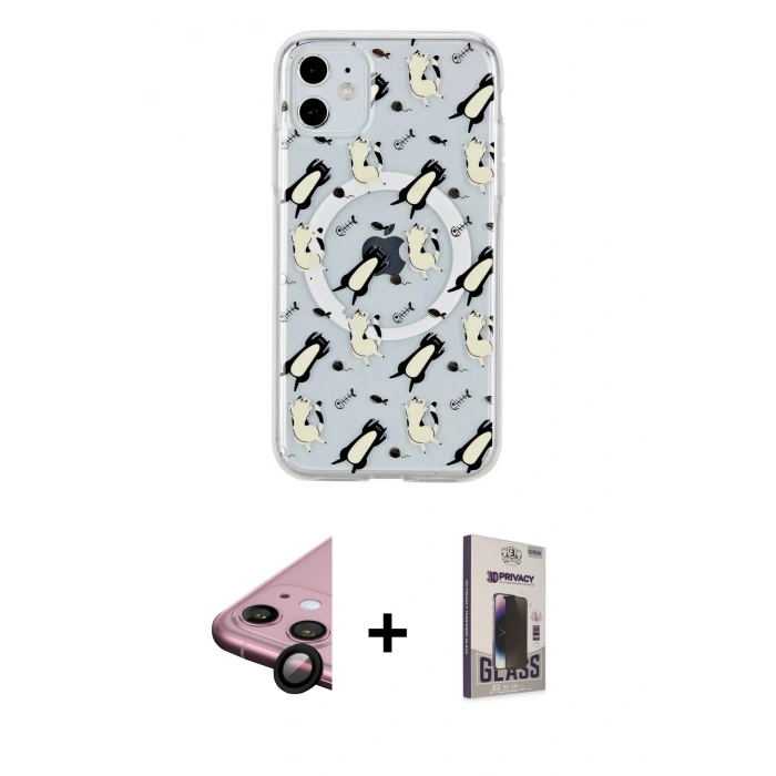 MARSİLYAN™- iPhone 11 Kılıf Pusula Form - Siyah Bilvis Hayalet Cam Ekran Koruyucu + Raze Metal Kamera Lens - SH