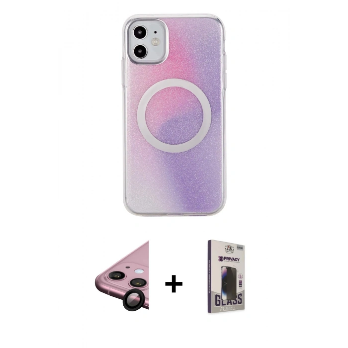 MARSİLYAN™- iPhone 11 Kılıf Pusula Form - Siyah Bilvis Hayalet Cam Ekran Koruyucu + Raze Metal Kamera Lens - SH