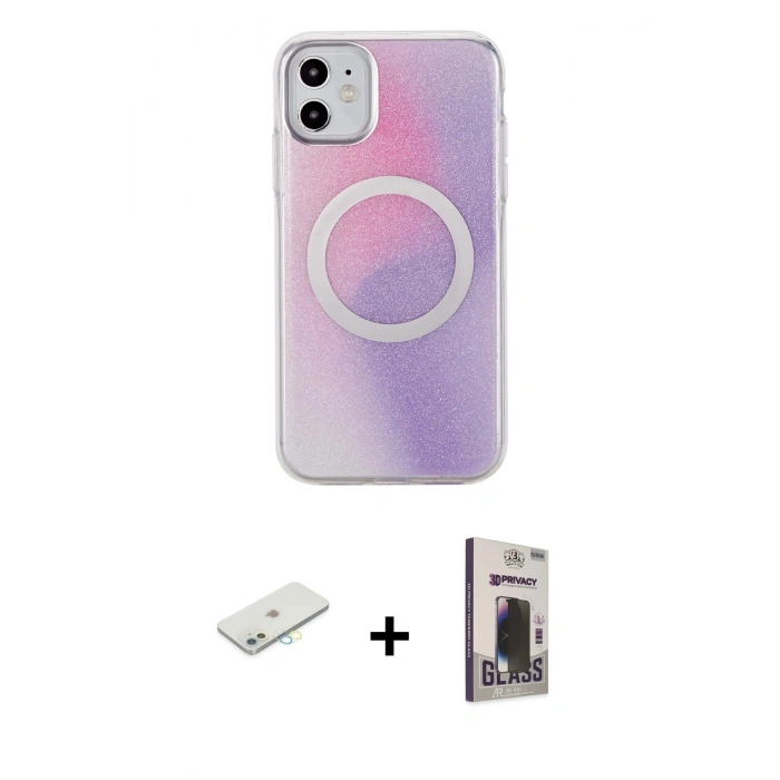 MARSİLYAN™- iPhone 11 Kılıf Pusula Form - Siyah Bilvis Hayalet Cam Ekran Koruyucu + Renkli Kamera Lens Koruma Cam - SI