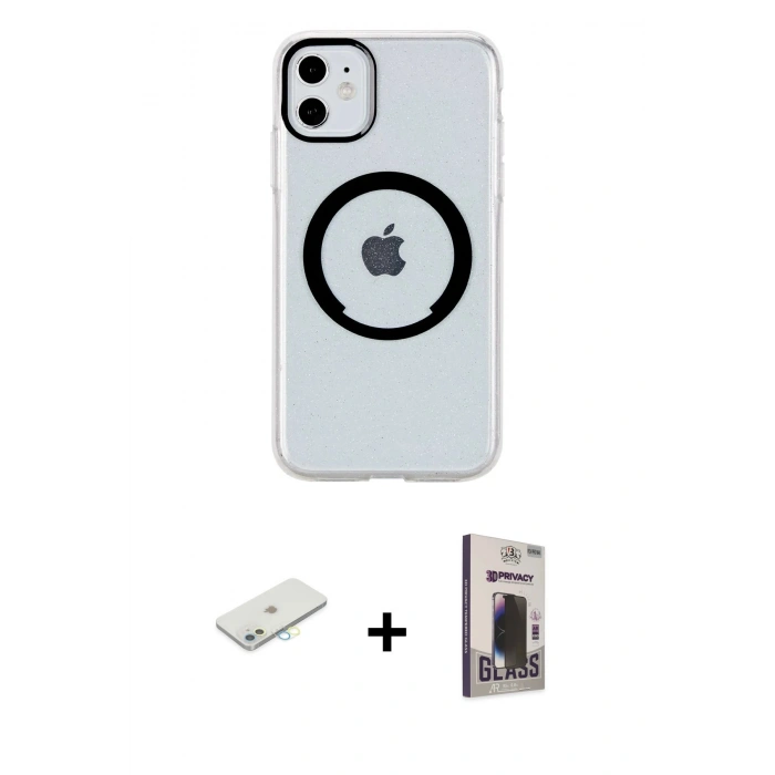 MARSİLYAN™- iPhone 11 Kılıf Pusula Form - Siyah Bilvis Hayalet Cam Ekran Koruyucu + Renkli Kamera Lens Koruma Cam - SI