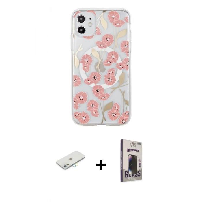 MARSİLYAN™- iPhone 11 Kılıf Pusula Form - Siyah Bilvis Hayalet Cam Ekran Koruyucu + Renkli Kamera Lens Koruma Cam - SI
