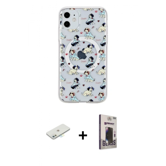 MARSİLYAN™- iPhone 11 Kılıf Pusula Form - Siyah Bilvis Hayalet Cam Ekran Koruyucu + Renkli Kamera Lens Koruma Cam - SI