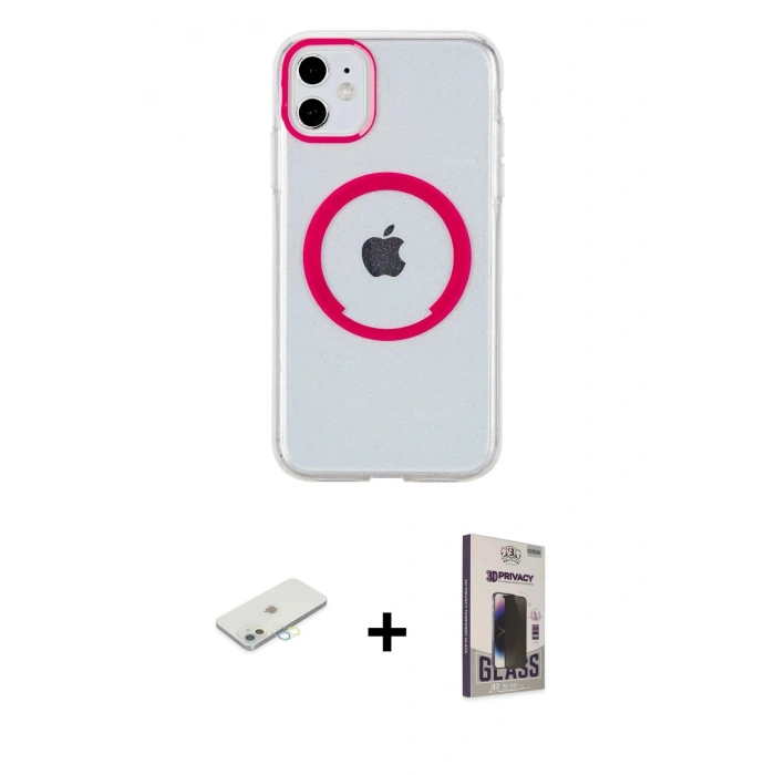 MARSİLYAN™- iPhone 11 Kılıf Pusula Form - Siyah Bilvis Hayalet Cam Ekran Koruyucu + Renkli Kamera Lens Koruma Cam - SI