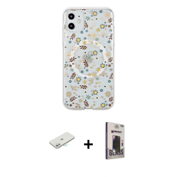 MARSİLYAN™- iPhone 11 Kılıf Pusula Form - Siyah Bilvis Hayalet Cam Ekran Koruyucu + Renkli Kamera Lens Koruma Cam - SI