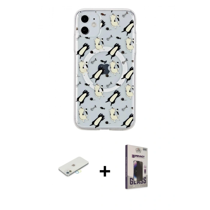 MARSİLYAN™- iPhone 11 Kılıf Pusula Form - Siyah Bilvis Hayalet Cam Ekran Koruyucu + Renkli Kamera Lens Koruma Cam - SI