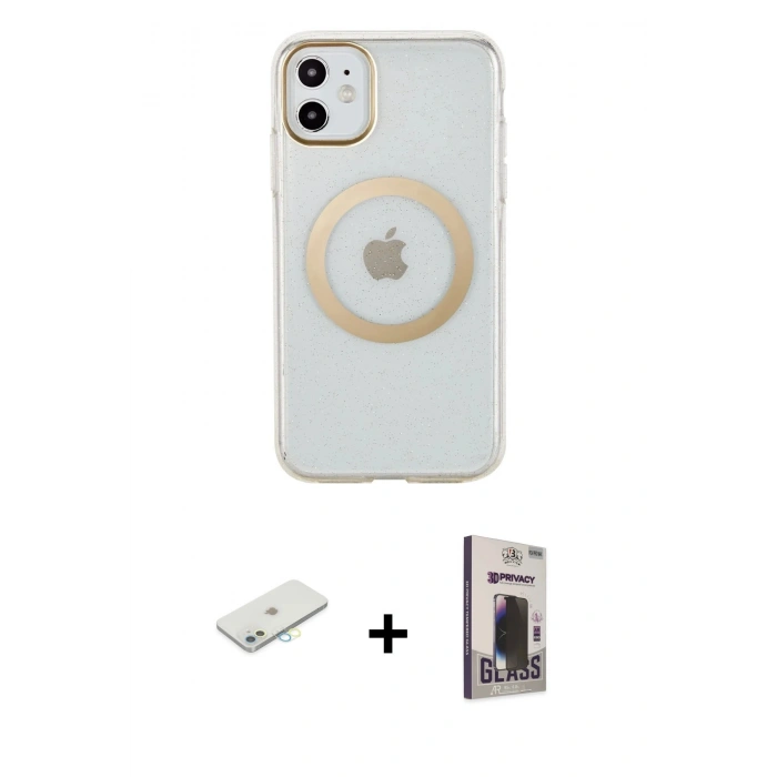 MARSİLYAN™- iPhone 11 Kılıf Pusula Form - Siyah Bilvis Hayalet Cam Ekran Koruyucu + Renkli Kamera Lens Koruma Cam - SI