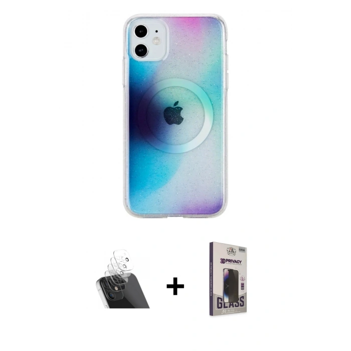 MARSİLYAN™- iPhone 11 Kılıf Pusula Form - Siyah Bilvis Hayalet Cam Ekran Koruyucu + Kamera Lens Koruma Cam - SF