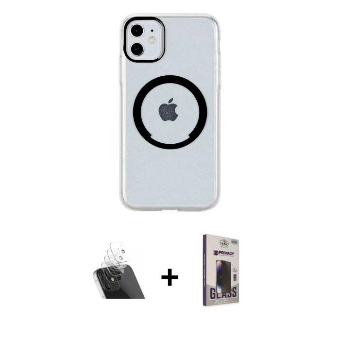 MARSİLYAN™- iPhone 11 Kılıf Pusula Form - Siyah Bilvis Hayalet Cam Ekran Koruyucu + Kamera Lens Koruma Cam - SF