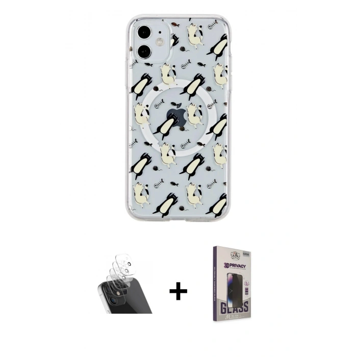 MARSİLYAN™- iPhone 11 Kılıf Pusula Form - Siyah Bilvis Hayalet Cam Ekran Koruyucu + Kamera Lens Koruma Cam - SF