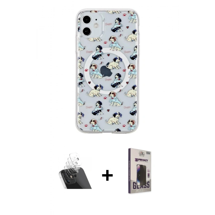 MARSİLYAN™- iPhone 11 Kılıf Pusula Form - Siyah Bilvis Hayalet Cam Ekran Koruyucu + Kamera Lens Koruma Cam - SF