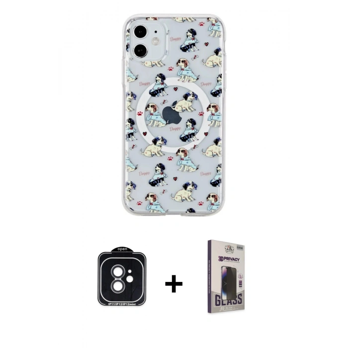 MARSİLYAN™- iPhone 11 Kılıf Pusula Form - Siyah Bilvis Hayalet Cam Ekran Koruyucu + PVD Metal Kamera Lens - SH