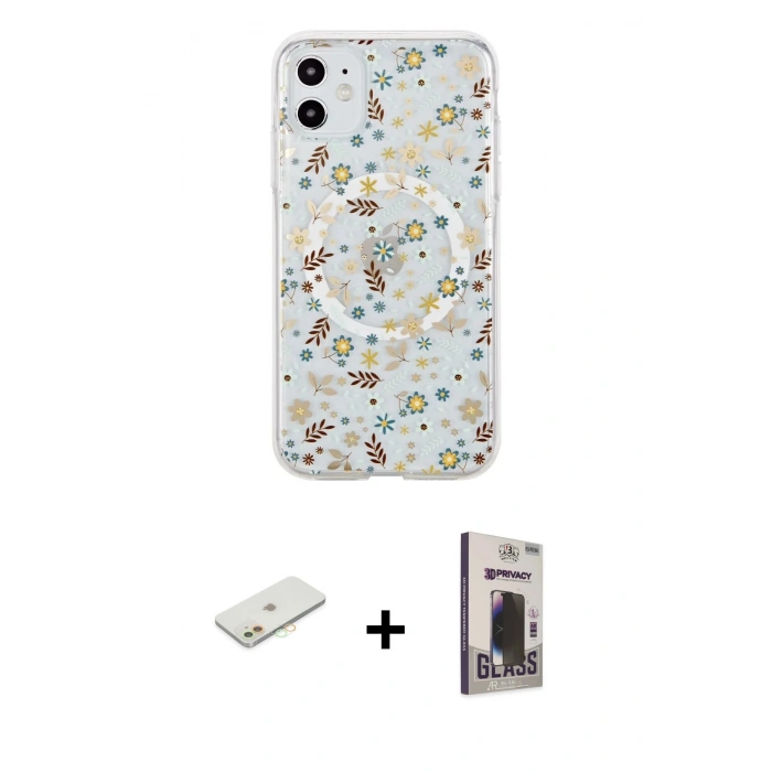 MARSİLYAN™- iPhone 11 Kılıf Pusula Form - Siyah Bilvis Hayalet Cam Ekran Koruyucu + Turuncu Renkli Kamera Lens Koruma Cam
