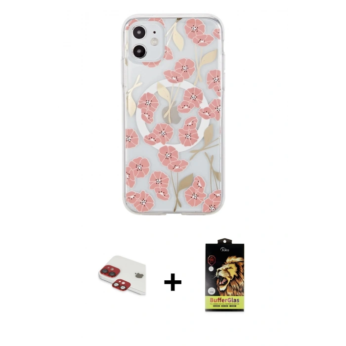 MARSİLYAN™- iPhone 11 Kılıf Pusula Form - Siyah Buffer Cam Ekran Koruyucu + Kırmızı Pers Alüminyum Kamera Lens