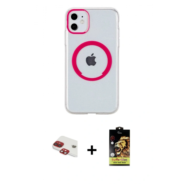 MARSİLYAN™- iPhone 11 Kılıf Pusula Form - Siyah Buffer Cam Ekran Koruyucu + Kırmızı Pers Alüminyum Kamera Lens