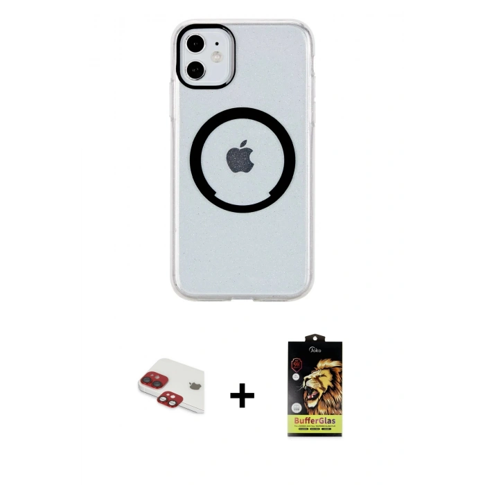 MARSİLYAN™- iPhone 11 Kılıf Pusula Form - Siyah Buffer Cam Ekran Koruyucu + Kırmızı Pers Alüminyum Kamera Lens