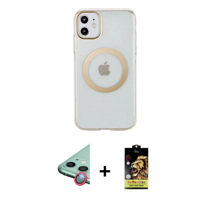 MARSİLYAN™- iPhone 11 Kılıf Pusula Form - Siyah Buffer Cam Ekran Koruyucu + Kırmızı Raze Metal Kamera Lens