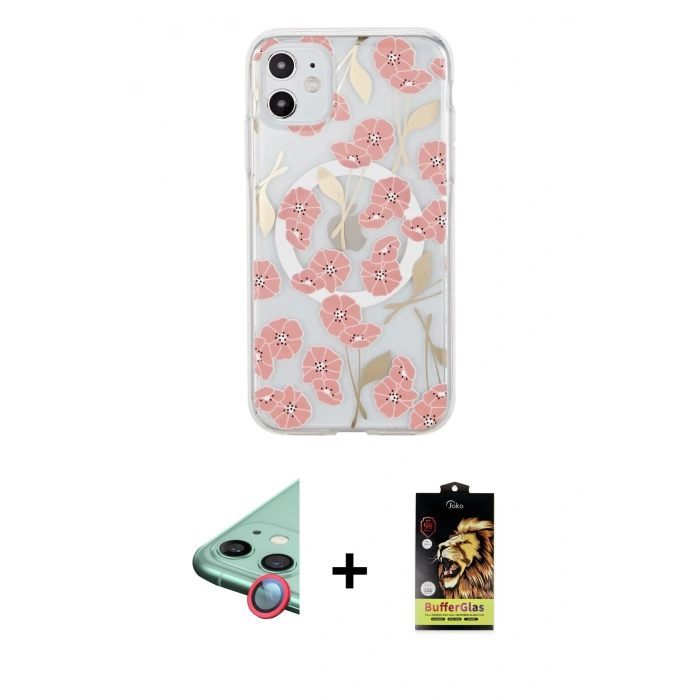MARSİLYAN™- iPhone 11 Kılıf Pusula Form - Siyah Buffer Cam Ekran Koruyucu + Kırmızı Raze Metal Kamera Lens