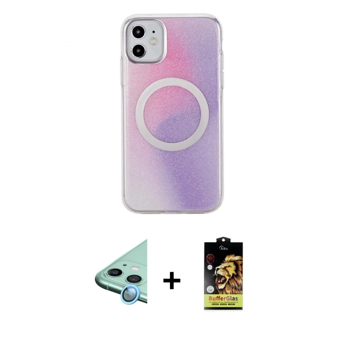 MARSİLYAN™- iPhone 11 Kılıf Pusula Form - Siyah Buffer Cam Ekran Koruyucu + Raze Metal Kamera Lens - MI