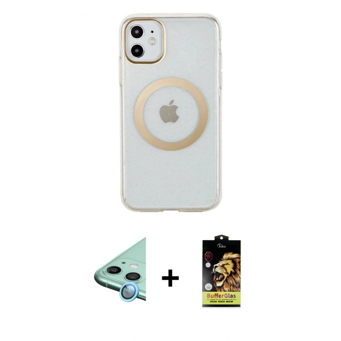 MARSİLYAN™- iPhone 11 Kılıf Pusula Form - Siyah Buffer Cam Ekran Koruyucu + Raze Metal Kamera Lens - MI