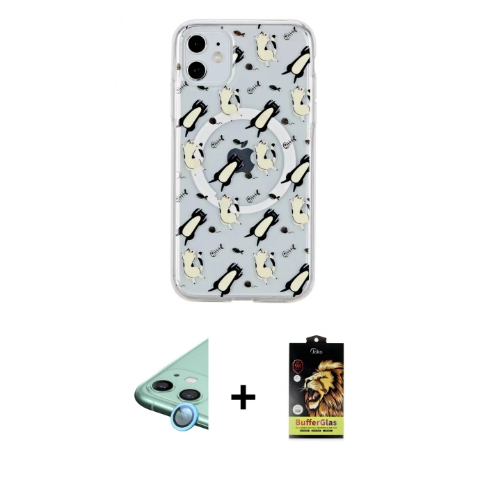 MARSİLYAN™- iPhone 11 Kılıf Pusula Form - Siyah Buffer Cam Ekran Koruyucu + Raze Metal Kamera Lens - MI