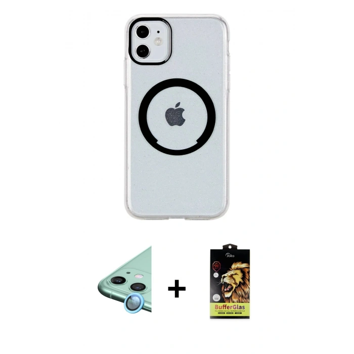 MARSİLYAN™- iPhone 11 Kılıf Pusula Form - Siyah Buffer Cam Ekran Koruyucu + Raze Metal Kamera Lens - MI