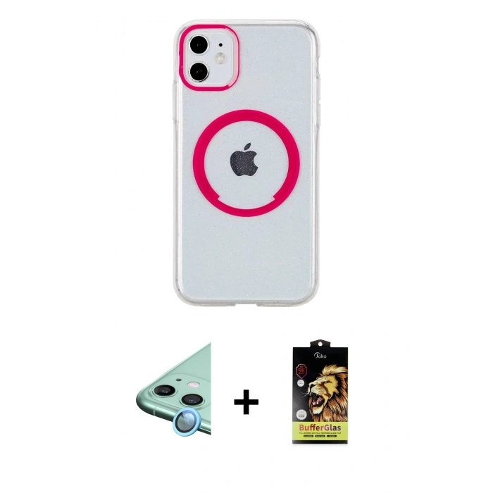MARSİLYAN™- iPhone 11 Kılıf Pusula Form - Siyah Buffer Cam Ekran Koruyucu + Raze Metal Kamera Lens - MI