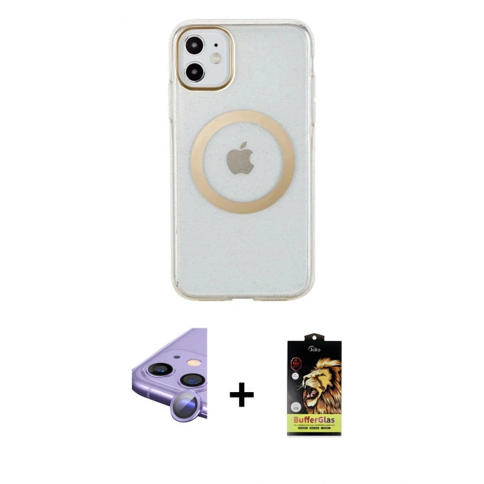 MARSİLYAN™- iPhone 11 Kılıf Pusula Form - Siyah Buffer Cam Ekran Koruyucu + Raze Metal Kamera Lens - MR