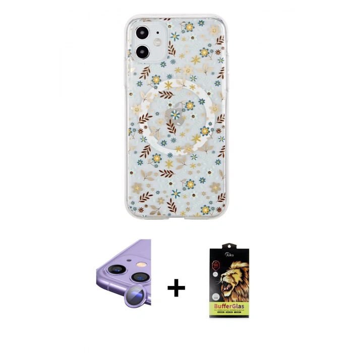 MARSİLYAN™- iPhone 11 Kılıf Pusula Form - Siyah Buffer Cam Ekran Koruyucu + Raze Metal Kamera Lens - MR