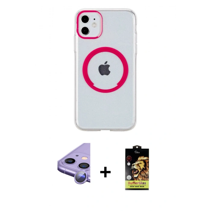 MARSİLYAN™- iPhone 11 Kılıf Pusula Form - Siyah Buffer Cam Ekran Koruyucu + Raze Metal Kamera Lens - MR