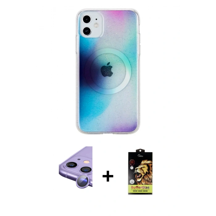 MARSİLYAN™- iPhone 11 Kılıf Pusula Form - Siyah Buffer Cam Ekran Koruyucu + Raze Metal Kamera Lens - MR