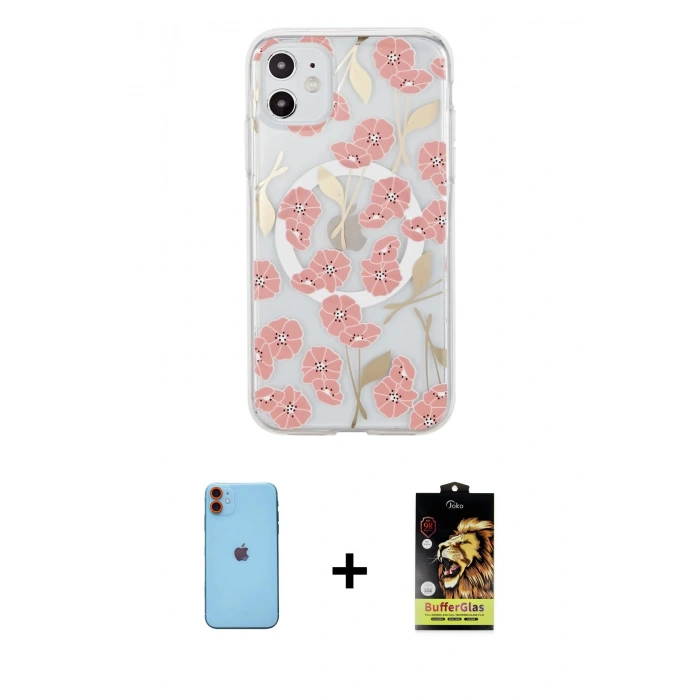 MARSİLYAN™- iPhone 11 Kılıf Pusula Form - Siyah Buffer Cam Ekran Koruyucu + Neon Fosforlu Kamera Lens - TU