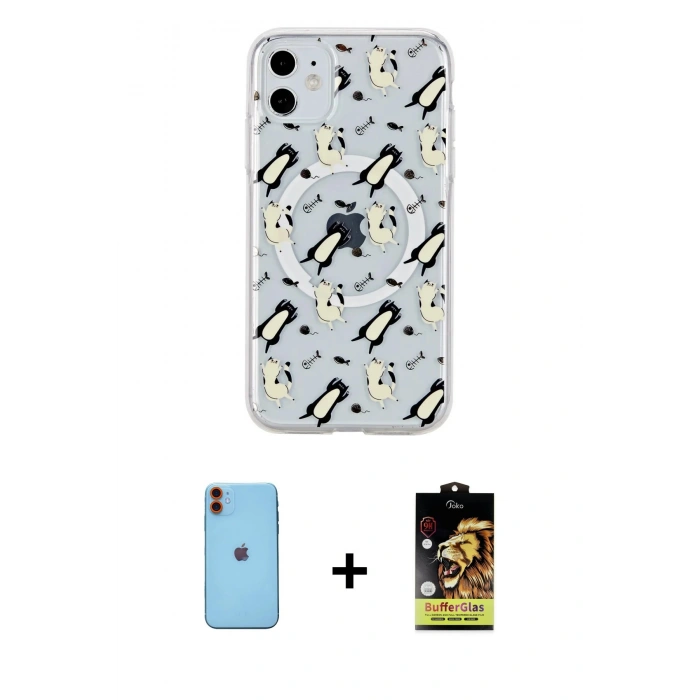 MARSİLYAN™- iPhone 11 Kılıf Pusula Form - Siyah Buffer Cam Ekran Koruyucu + Neon Fosforlu Kamera Lens - TU