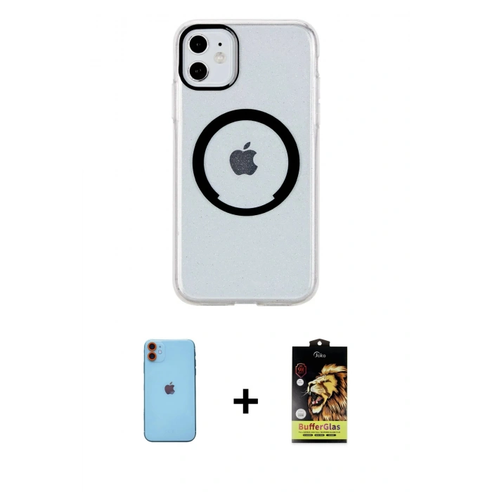 MARSİLYAN™- iPhone 11 Kılıf Pusula Form - Siyah Buffer Cam Ekran Koruyucu + Neon Fosforlu Kamera Lens - TU