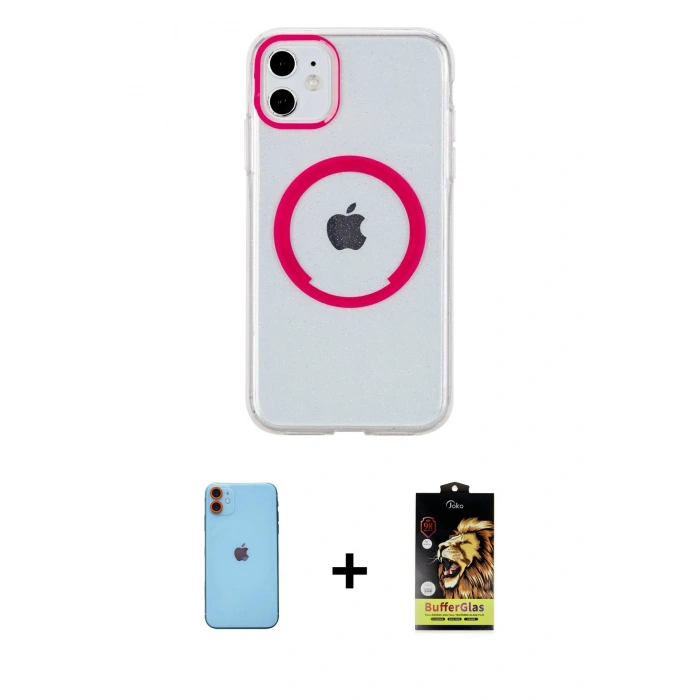 MARSİLYAN™- iPhone 11 Kılıf Pusula Form - Siyah Buffer Cam Ekran Koruyucu + Neon Fosforlu Kamera Lens - TU