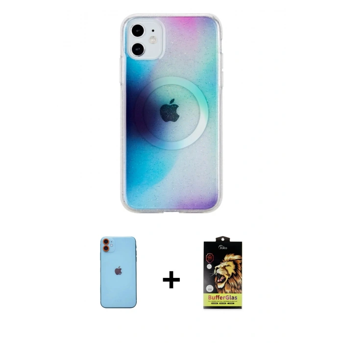 MARSİLYAN™- iPhone 11 Kılıf Pusula Form - Siyah Buffer Cam Ekran Koruyucu + Neon Fosforlu Kamera Lens - TU