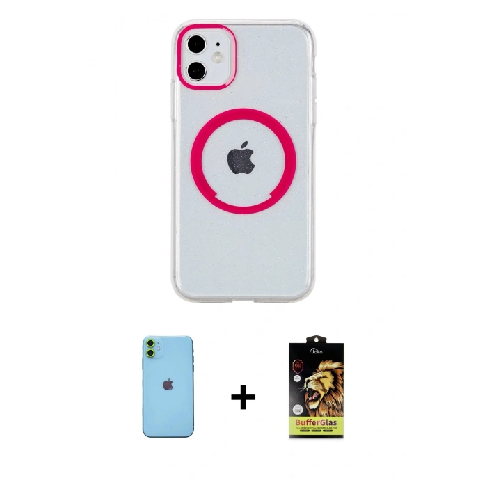 MARSİLYAN™- iPhone 11 Kılıf Pusula Form - Siyah Buffer Cam Ekran Koruyucu + Neon Fosforlu Kamera Lens - YL