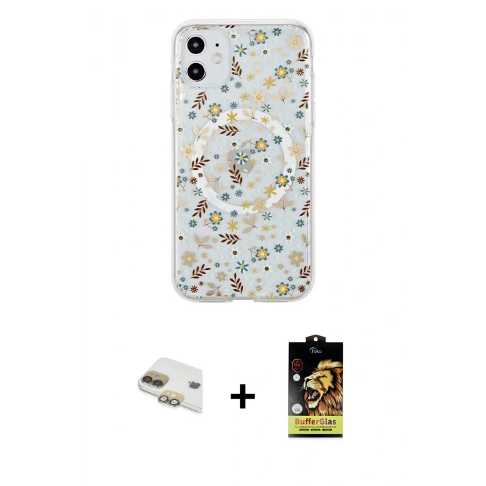 MARSİLYAN™- iPhone 11 Kılıf Pusula Form - Siyah Buffer Cam Ekran Koruyucu + Pers Alüminyum Kamera Lens - GD