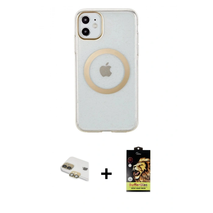MARSİLYAN™- iPhone 11 Kılıf Pusula Form - Siyah Buffer Cam Ekran Koruyucu + Pers Alüminyum Kamera Lens - GD