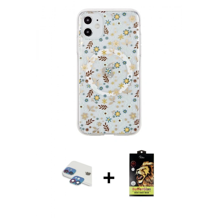 MARSİLYAN™- iPhone 11 Kılıf Pusula Form - Siyah Buffer Cam Ekran Koruyucu + Pers Alüminyum Kamera Lens - GI