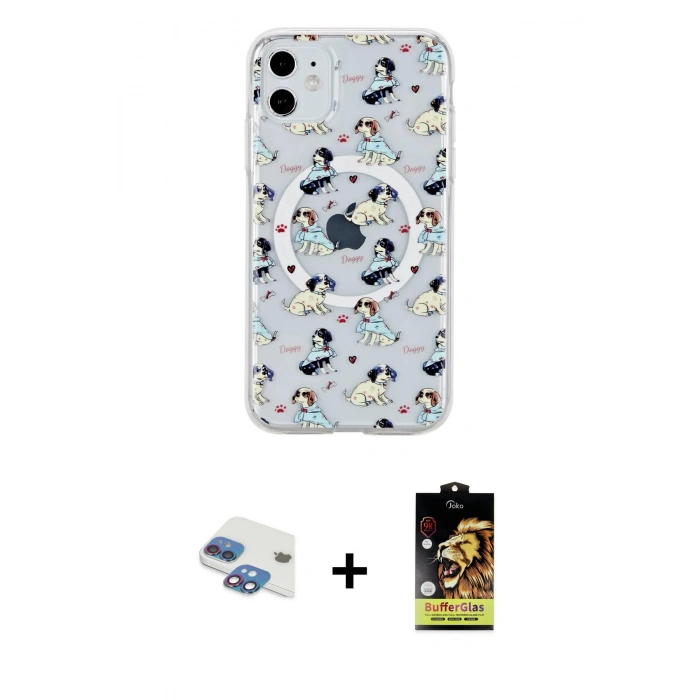 MARSİLYAN™- iPhone 11 Kılıf Pusula Form - Siyah Buffer Cam Ekran Koruyucu + Pers Alüminyum Kamera Lens - GI