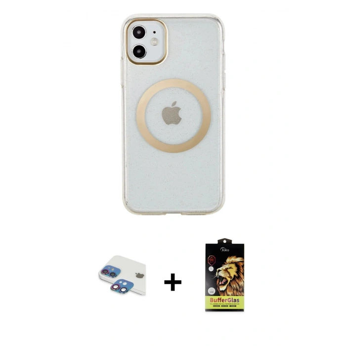 MARSİLYAN™- iPhone 11 Kılıf Pusula Form - Siyah Buffer Cam Ekran Koruyucu + Pers Alüminyum Kamera Lens - GI