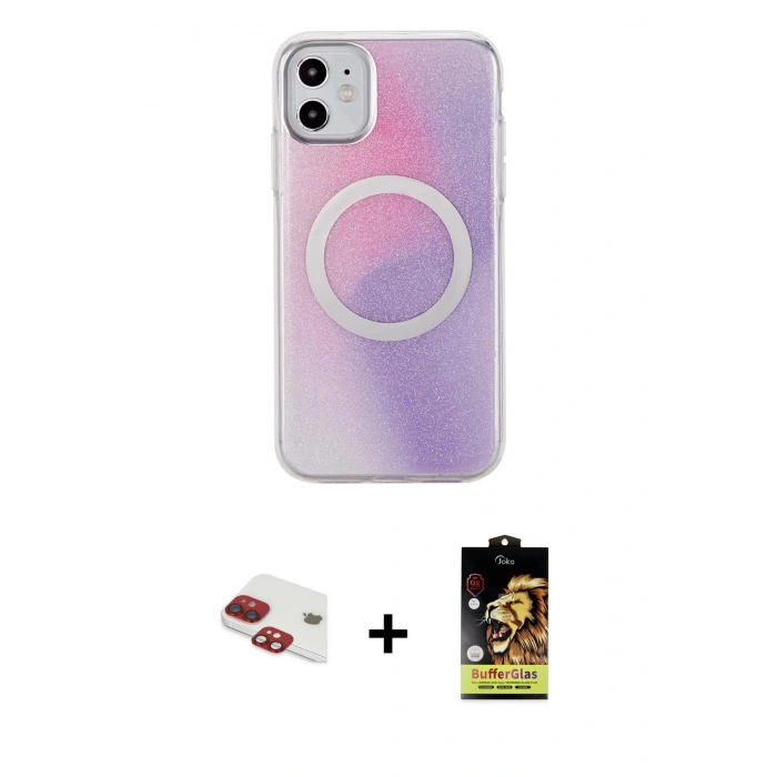 MARSİLYAN™- iPhone 11 Kılıf Pusula Form - Siyah Buffer Cam Ekran Koruyucu + Pers Alüminyum Kamera Lens - KI