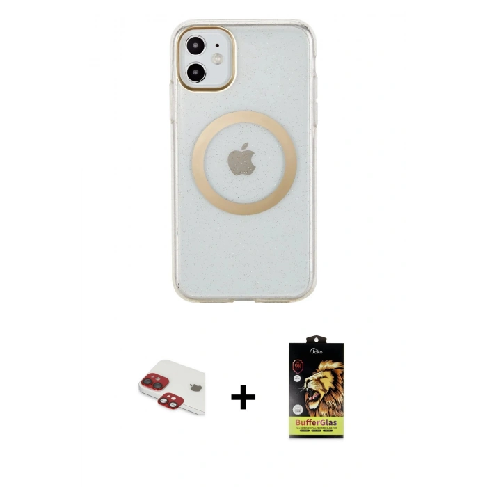 MARSİLYAN™- iPhone 11 Kılıf Pusula Form - Siyah Buffer Cam Ekran Koruyucu + Pers Alüminyum Kamera Lens - KI