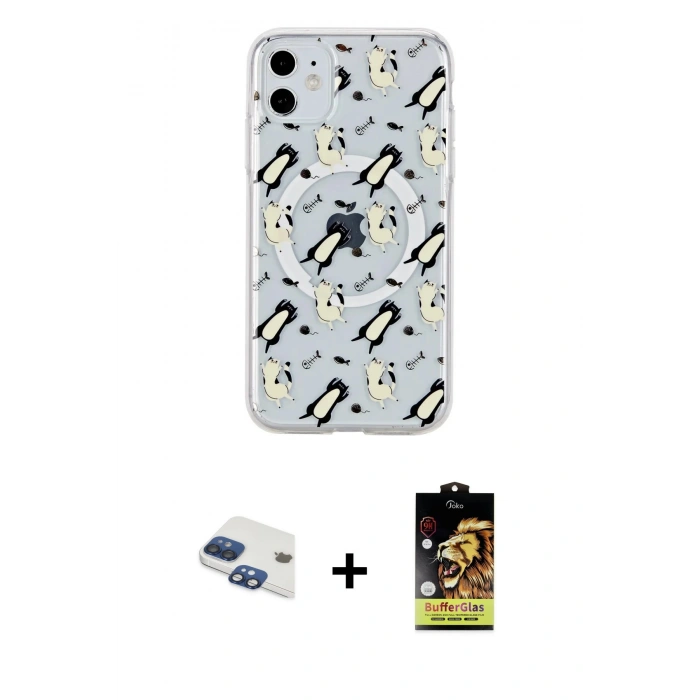 MARSİLYAN™- iPhone 11 Kılıf Pusula Form - Siyah Buffer Cam Ekran Koruyucu + Pers Alüminyum Kamera Lens - LT