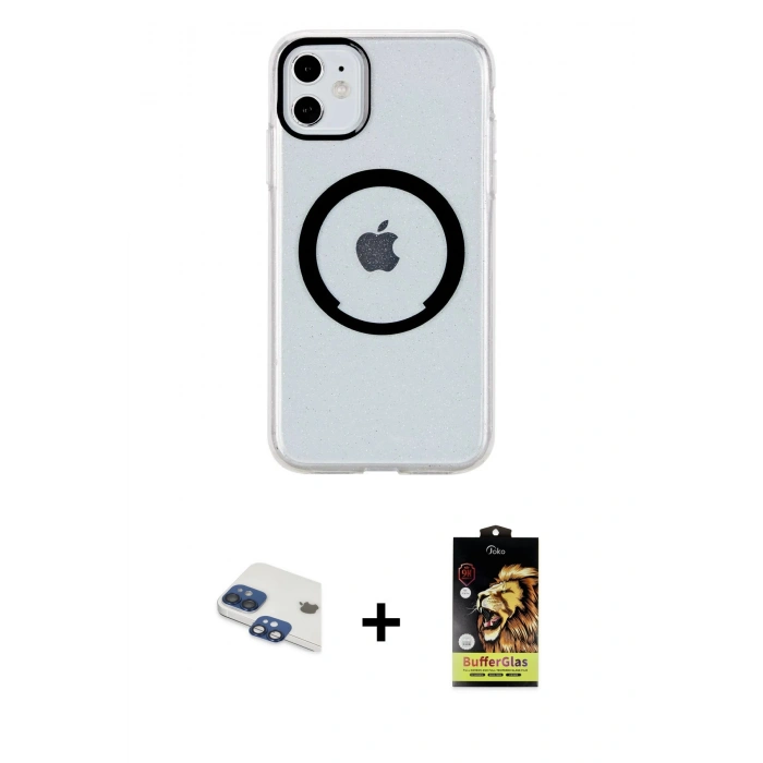 MARSİLYAN™- iPhone 11 Kılıf Pusula Form - Siyah Buffer Cam Ekran Koruyucu + Pers Alüminyum Kamera Lens - LT