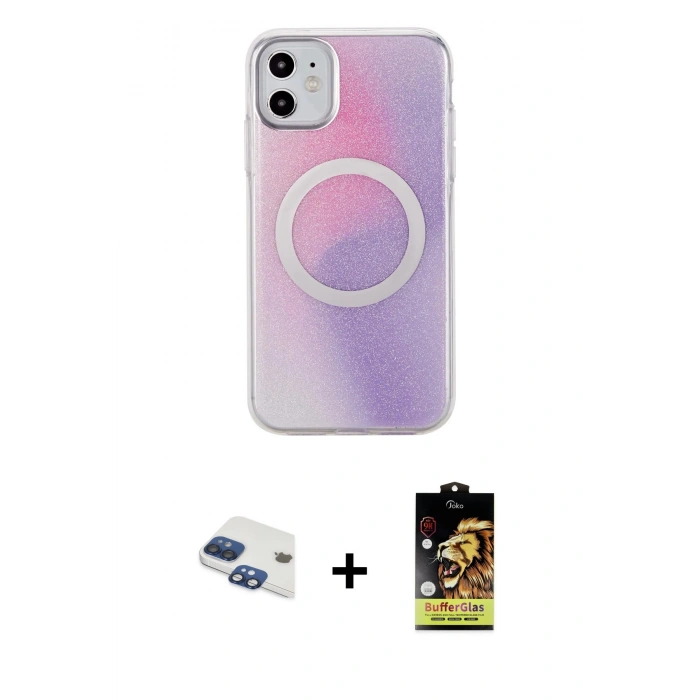 MARSİLYAN™- iPhone 11 Kılıf Pusula Form - Siyah Buffer Cam Ekran Koruyucu + Pers Alüminyum Kamera Lens - LT