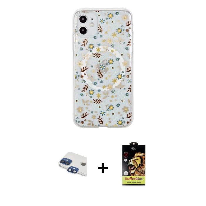MARSİLYAN™- iPhone 11 Kılıf Pusula Form - Siyah Buffer Cam Ekran Koruyucu + Pers Alüminyum Kamera Lens - LT