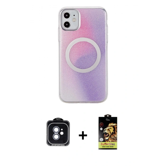 MARSİLYAN™- iPhone 11 Kılıf Pusula Form - Siyah Buffer Cam Ekran Koruyucu + PVD Metal Kamera Lens - MI