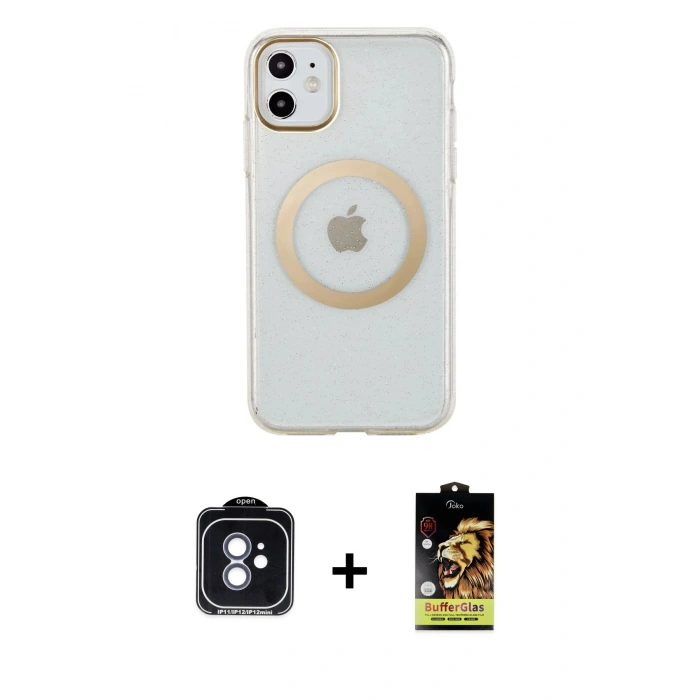 MARSİLYAN™- iPhone 11 Kılıf Pusula Form - Siyah Buffer Cam Ekran Koruyucu + PVD Metal Kamera Lens - MI